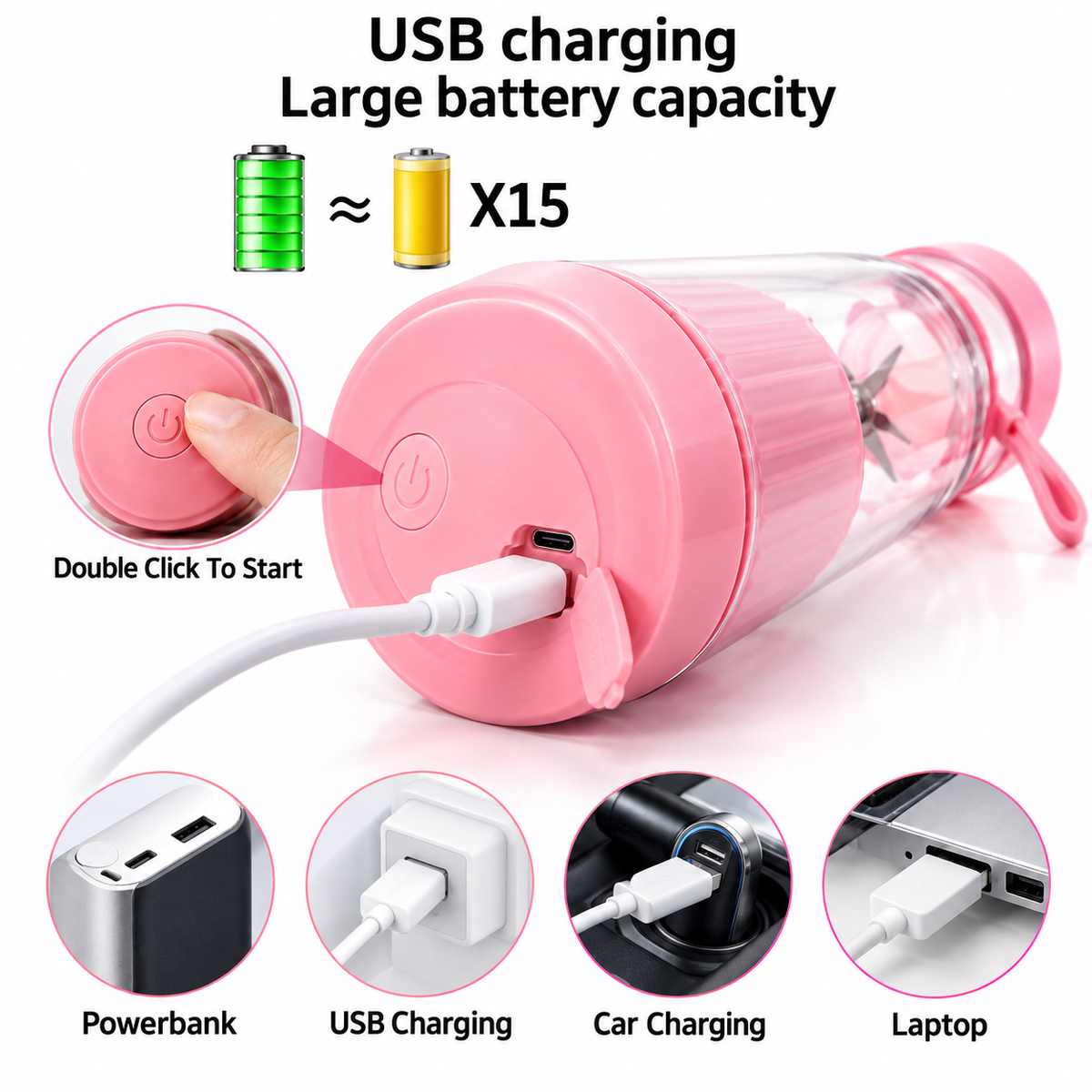 5334a Blender Portable Juicer For Smoothie Juice Vegetable Shakes With 6 Blades Wireless Charging Mini Personal Size Mixer Bottle Grinder 420 Ml Multicolor